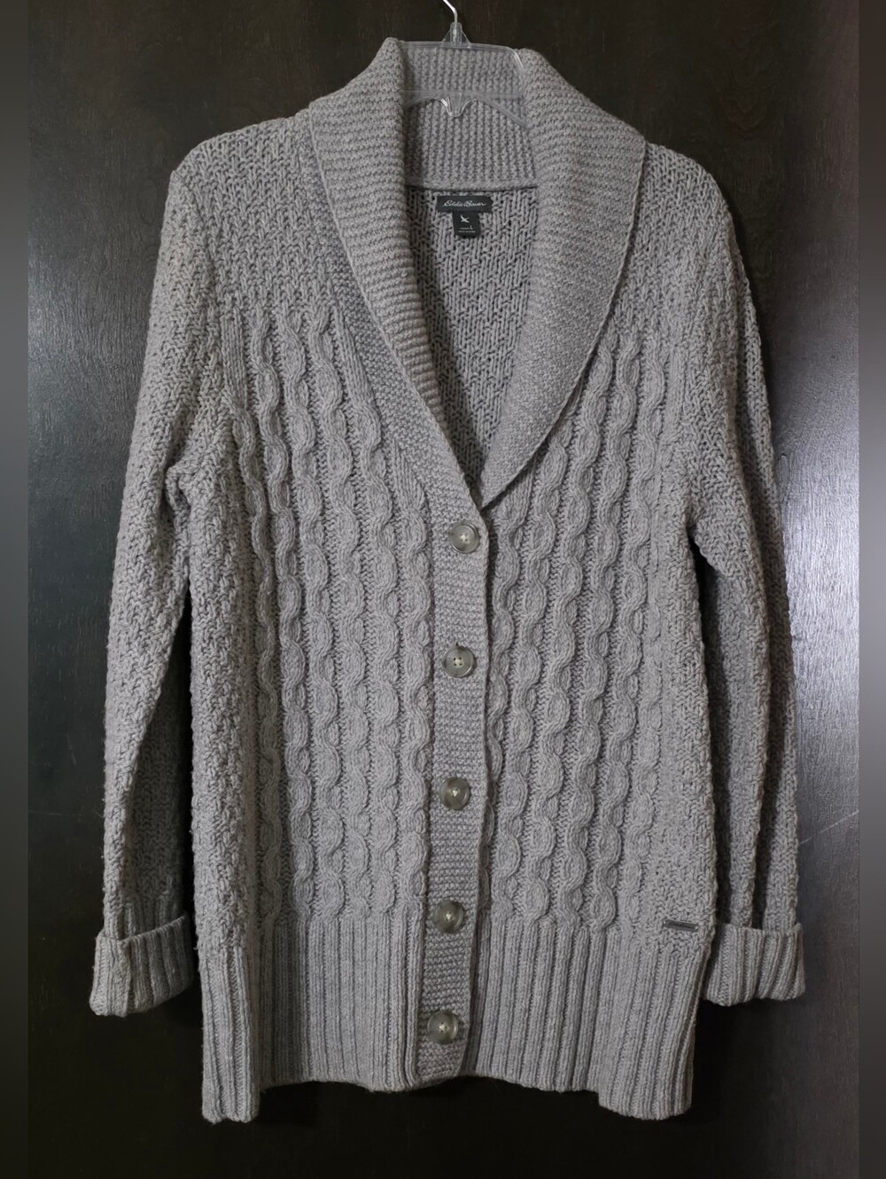 Eddie Bauer Shawl Collar Cable Knit Cardigan Lamb's Wool Blend Gray Women's L